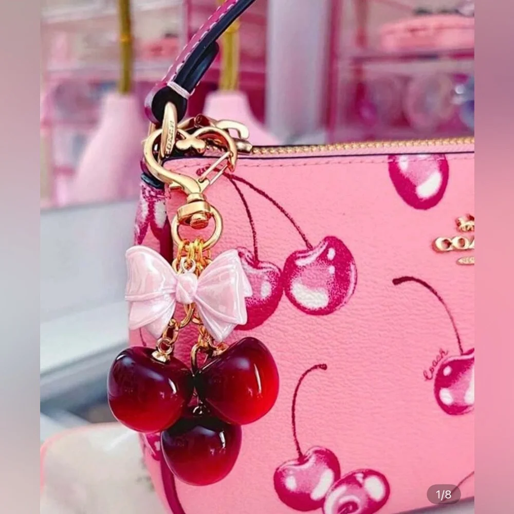 Cherry Keychain with Pink Bow Gold Heart Clasp Bag Charm NWT - Picture 2 of 2